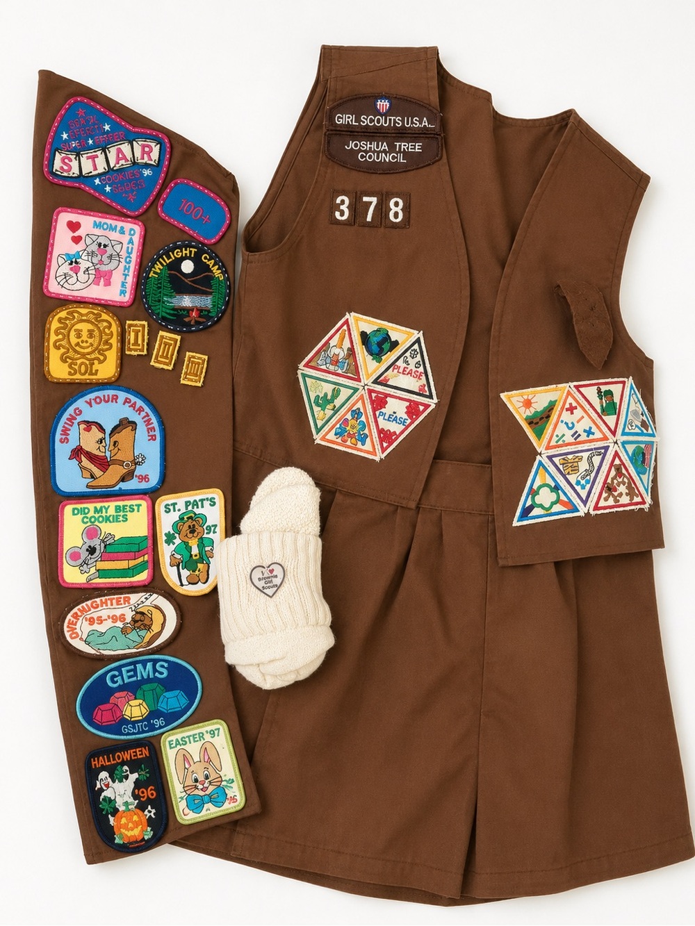 Vintage 90s Girl Scouts Brown Vest and Sash with Merit Badges -